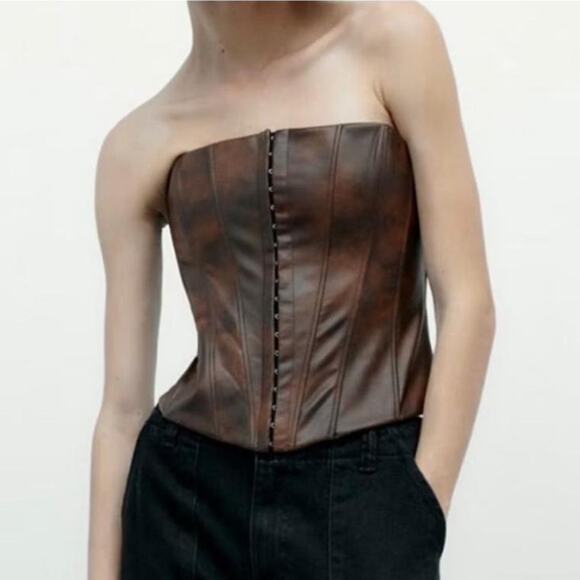 Zara Tops - Zara Brown Distressed Faux Leather Corset Bustier